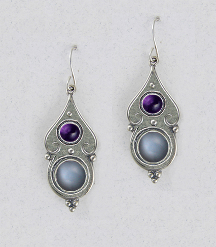 Sterling Silver Gothic Look With Grey Moonstone And Amethyst Gemstone Drop Dangle Earrings